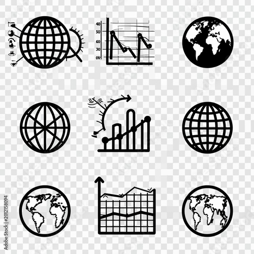 Global finance and economic analysis illustration with charts and world maps
