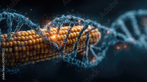 Close up of hand holding a corn cob, digital genetic dna helix structure glowing around it, gmo and biotechnology food research concept 
