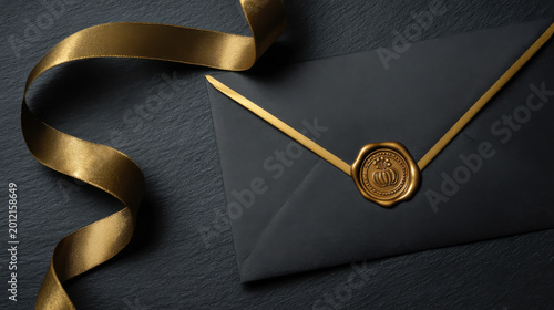 Black envelope gold ribbon wax seal, luxury invitation, elegant greeting card design, festive celebration mood