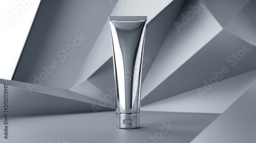 Sleek metallic cosmetic tube for beauty product packaging presented on a modern minimalist studio backdrop, featuring elegant skincare container design for premium branding