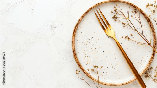 Elegant Gold Fork on White Plate with Dried Floral Decorations Minimalist Table Setting