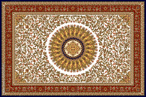 Luxury Persian Turkish Area Carpet with Large Sunburst Floral Medallion Burgundy Red and Golden Amber Field with Navy Blue Border Classic Oriental Rug Top View