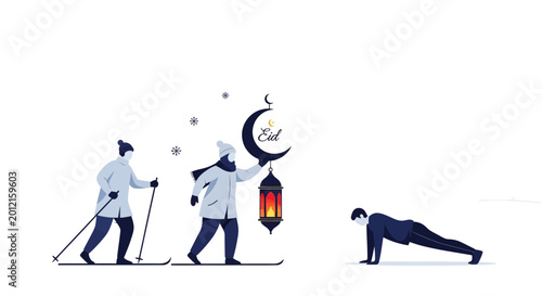 Tableau sur toile Three People Walking With Lanterns And One Person Exercising.