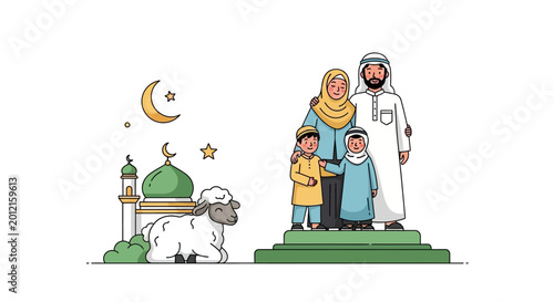 Foto Muslim family posing together on a prayer platform.