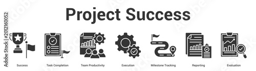 Project Success web banner icon set vector illustration concept for business with icon of Success, Task Completion, Team Productivity, Execution, Milestone Tracki.