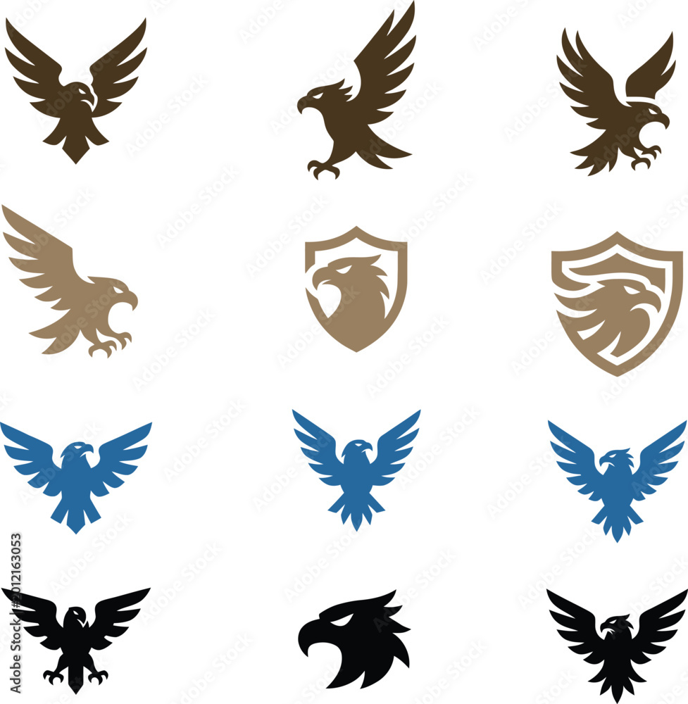 Fototapeta premium Collection of twelve vector logos featuring eagles, birds, and shields in brown, gold, blue, and black colors. Symbolizes strength