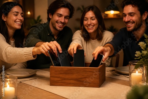 Friends putting phones away during dinner to enjoy a digital detox and conversation