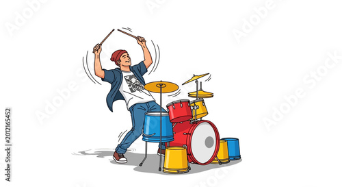 Slika na platnu Energetic young man playing an improvised drum kit made of buckets on white back