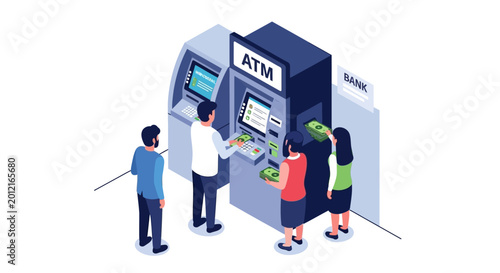 People using automated teller machines in an isometric banking concept illustration.
