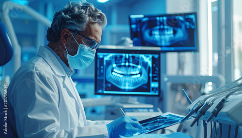 Dental Professional's Precision: A focused dental professional reviews an X-ray, surrounded by high-tech equipment, embodying expertise and precision in a modern dental setting.