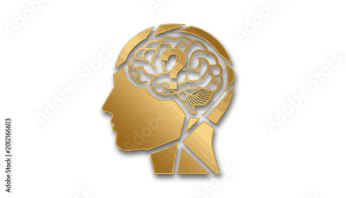 Golden puzzle brain, human head silhouette, metal jigsaw pieces, gold foil texture, mental health concept, vector illustration