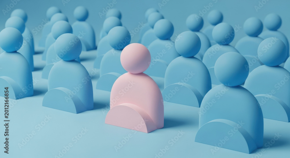 Obraz premium Pink Individual Standing out from Crowd of Blue People Figures Demonstrates Standing out, Individuality and Uniqueness