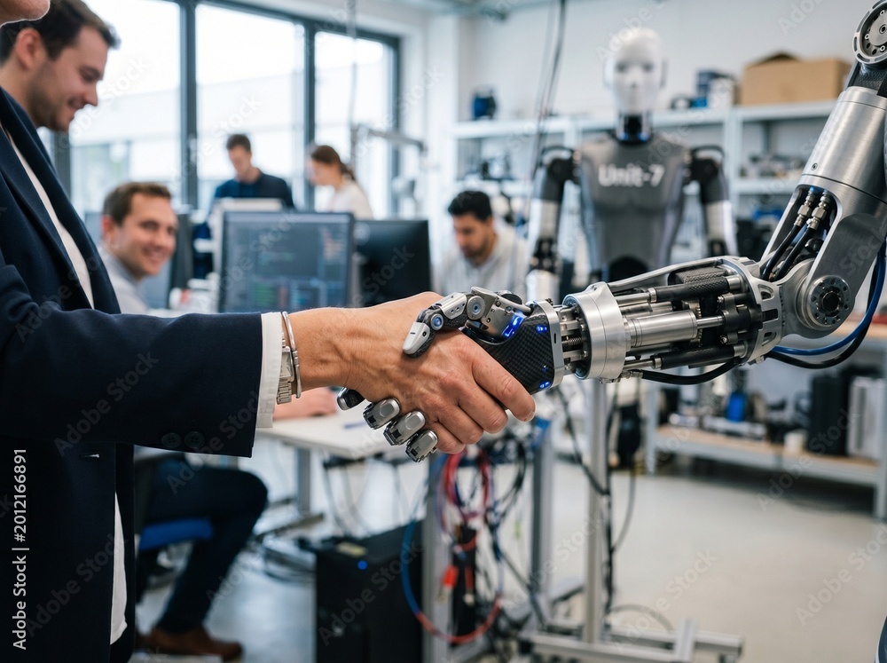 Fototapeta premium Man and robotic arm shaking hands with robot in background of lab, artificial