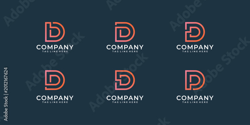 Six different designs for a letter D logo with the placeholder text COMPANY and TAGLINE HERE below each design