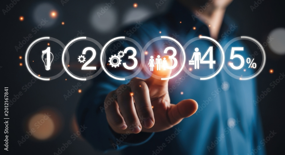 Naklejka premium Process Steps Stages Procedure Sequence Timeline Workflow Management Strategy Planning Achievement Progression Digital Technology Improvement Information