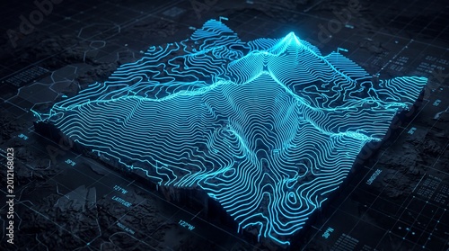Digital Topography: A mesmerizing digital representation of a mountain range is brought to life through intricate lines, gradients, and a soothing blue hue, revealing the complex geological form