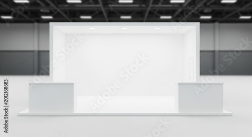 Empty white exhibition booth or trade show stand with a raised platform and two pedestals in a large, modern hall.