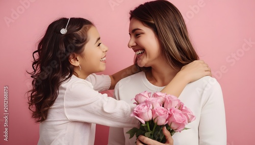 Happy women's day. Child daughter is congratulating mom and giving her flowers.