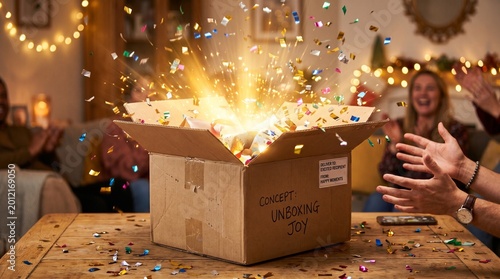 Box of Wonder: A cardboard box erupts with glittering confetti and radiant light, signifying a moment of delightful surprise and joy. Captured in a warm, festive setting. 