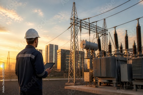 Plakat Engineer inspecting electrical substation at sunset with tablet