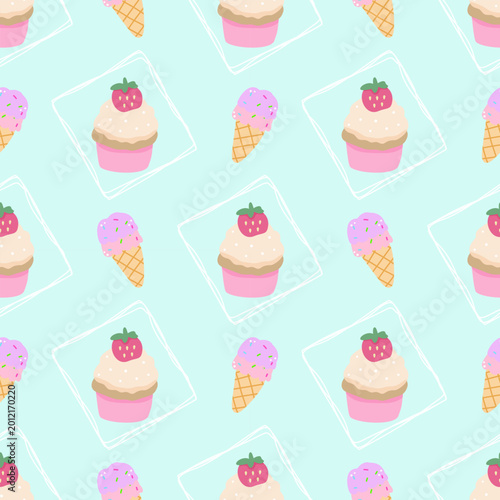 Cute Pastel Cupcake and Ice Cream Seamless Pattern with Strawberry Dessert Background