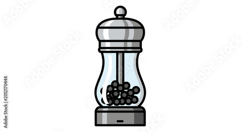 Pepper mill with black peppercorns inside.