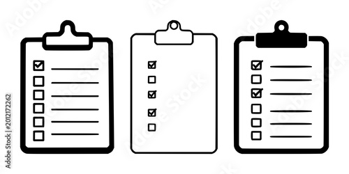 Clipboard checklist set with simple black line icon on white background featuring clipboard, checklist, outline with task list and document