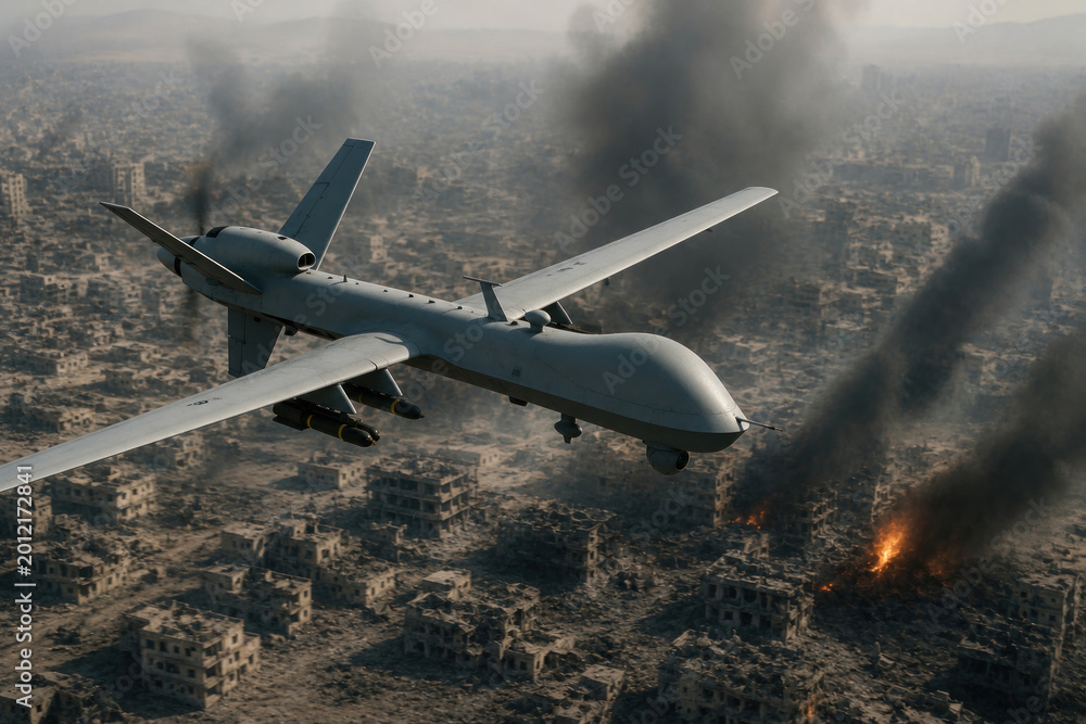 Fototapeta premium Military Drone Flying Over Destroyed City with Smoke and Fire, War Zone Aerial View