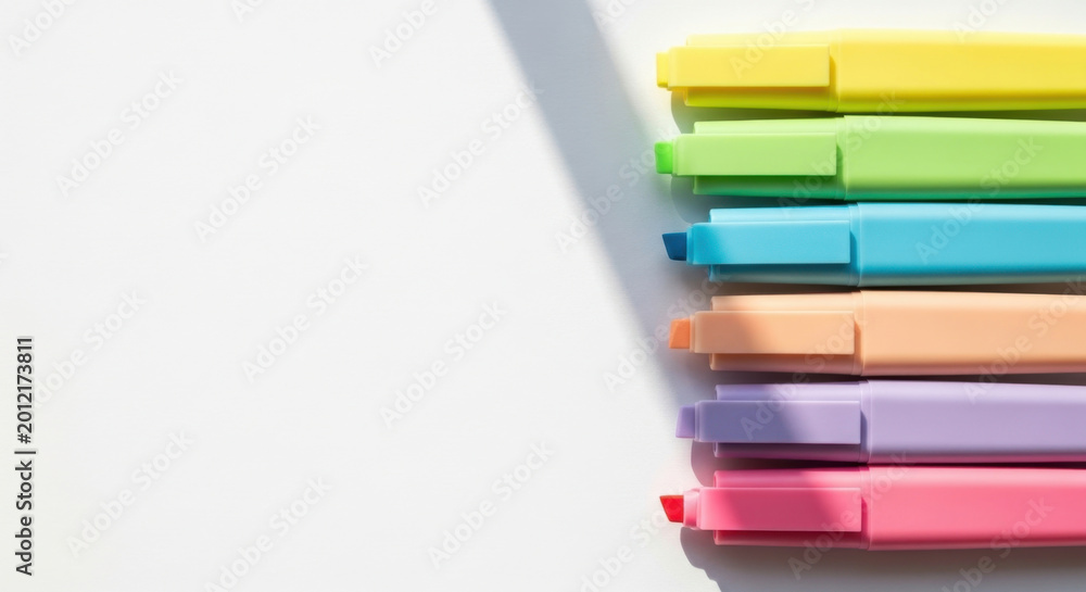 Fototapeta premium Pastel Colored Highlighters: Organized and Vibrant Stationery for School, Office, Creative Projects, Emphasizing Important Notes