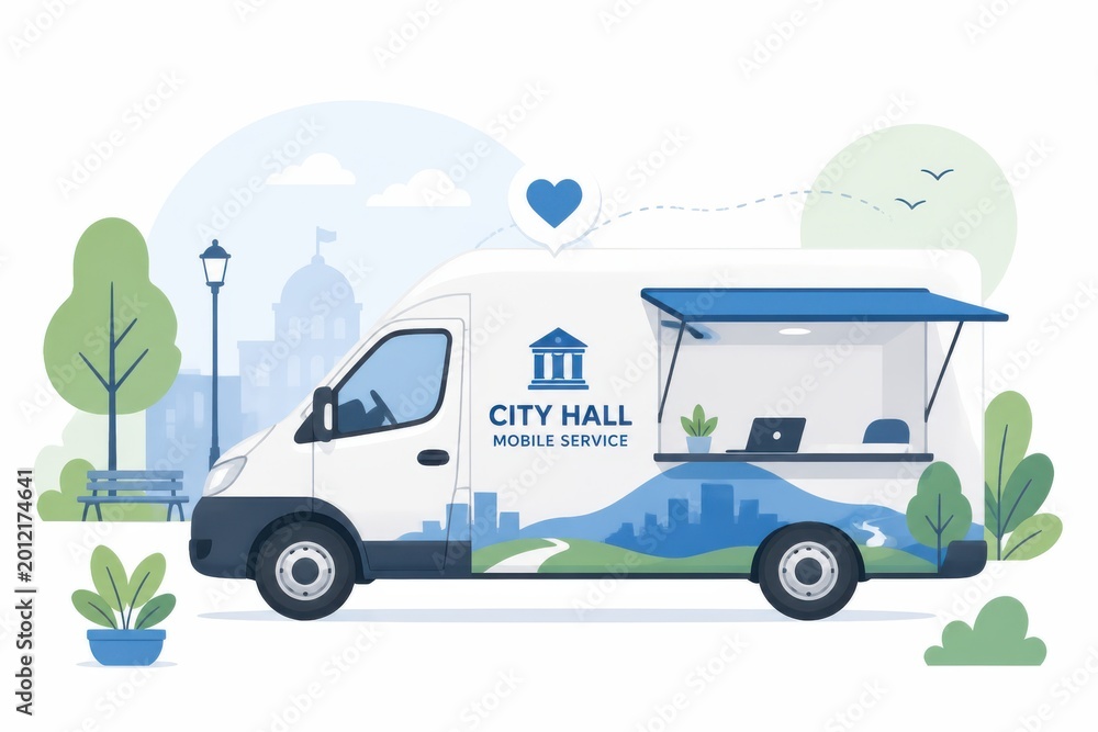 Obraz premium Mobile city hall service van with office window and urban illustration