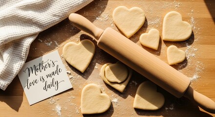 Rolling Pin with Heart-Shaped Cookies on Wooden Surface for Mother's Day