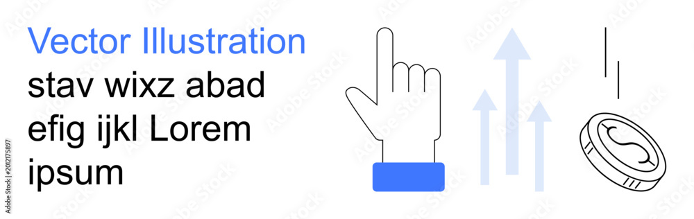 Obraz premium Finance growth, investment potential, economic advancement, business opportunity, upward trend, digital economy. Hand gesture pointing up with arrows and a coin. Finance growth and investment