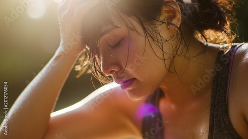 Tired woman sitting in the heat, wiping sweat, summer fatigue