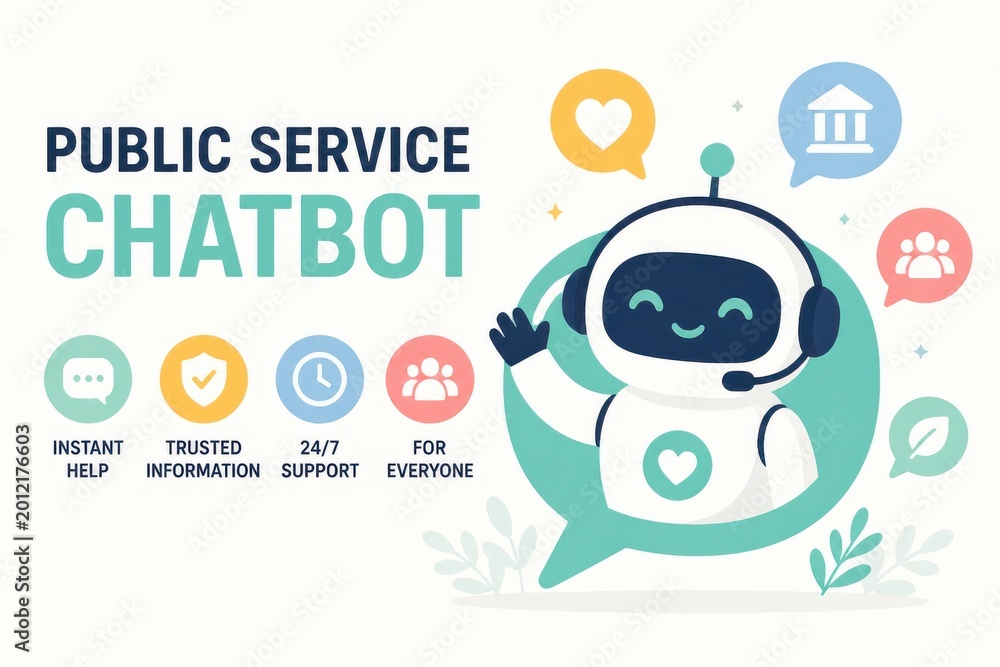 Obraz premium Public service chatbot with friendly support robot and information icons