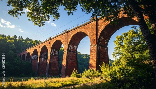 A scenic view of an old, arched brick bridge crossing over a lush green valley on a sunny day. The bridge is surrounded by foliage