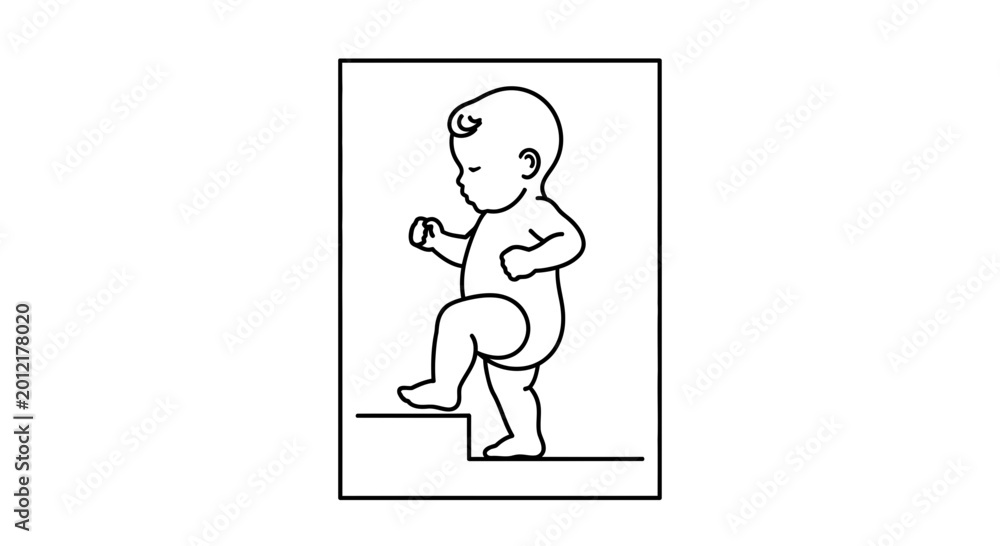 Fototapeta premium Baby Climbing Stairs Line Art: Milestone, Development, First Steps, Learning, Growth