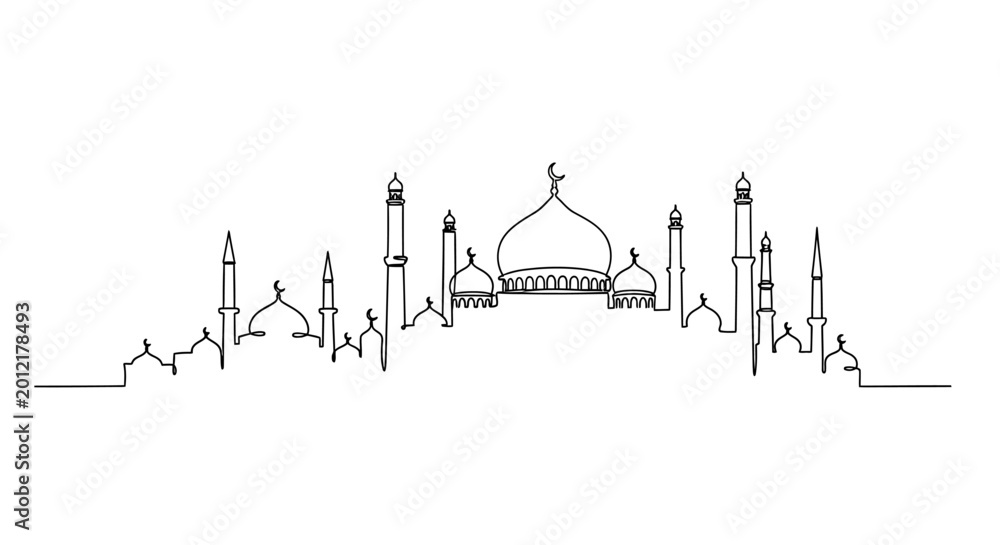 Obraz premium Continuous Line Drawing of Islamic Mosque Silhouette, Minimalist Architecture
