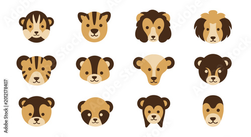 Photography Collection of cute stylized animal faces on a white background.