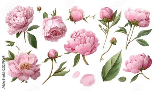 Pink peony flowers and buds with green leaves isolated on white background, botanical illustration of blooming and closed flowers with petals and stems.