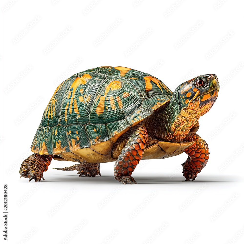 Obraz premium Colorful turtle standing on white background, side view