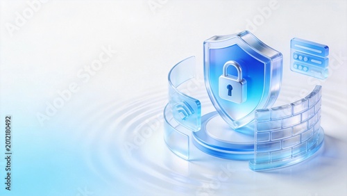 Digital Security Concept with Transparent Shield and Lock in Blue Hues