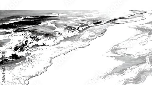 Abstract Black and White Illustration of Ocean Waves and Shoreline