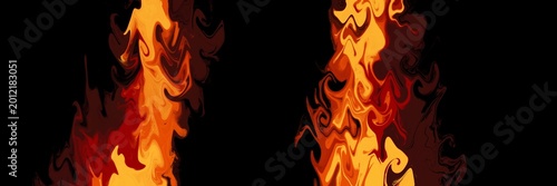 Canvastavla Strong vertical orange and yellow flames concentrated on the right side of black background with powerful upward movement