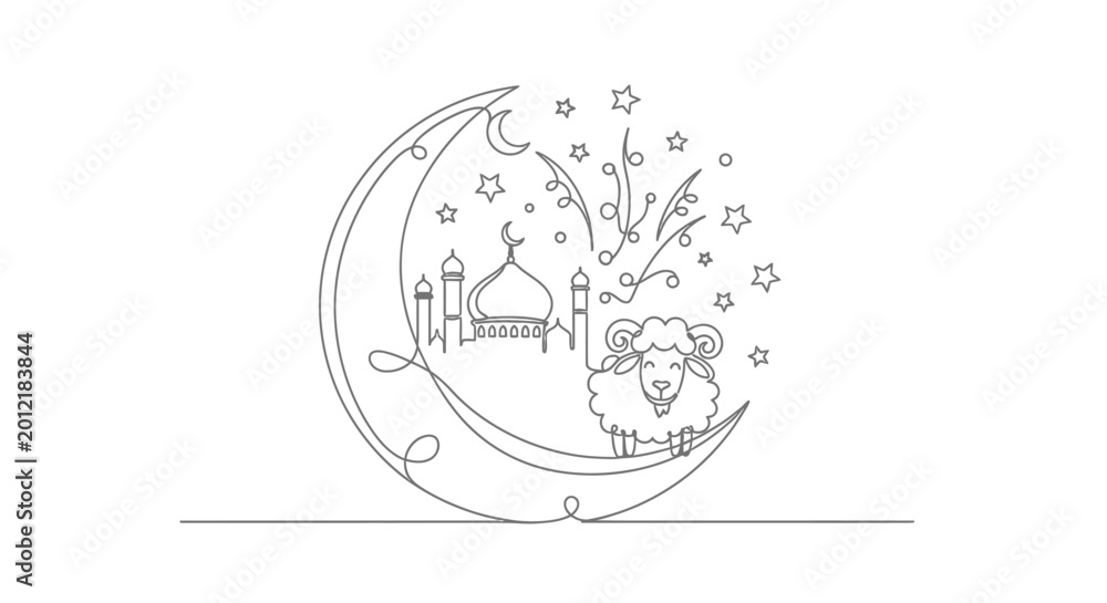 Fototapeta premium Islamic Crescent Moon with Mosque, Sheep, and Stars - Ramadan & Eid Decoration