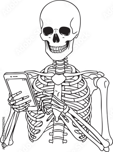 Human skeleton looking down at a mobile phone screen with skeleton