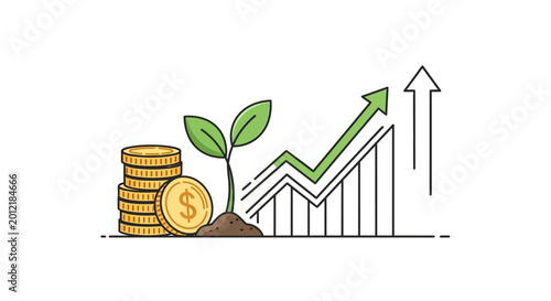 Tablou pe pânză Financial growth with coins, growing plant, and upward graph