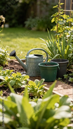 Watering can and flower pots in sunny vegetable garden for irrigation and plant care concept in organic farming marketing