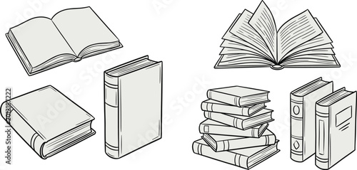 Photos Hand drawn book illustrations set with open books stacked books and hardcover vo