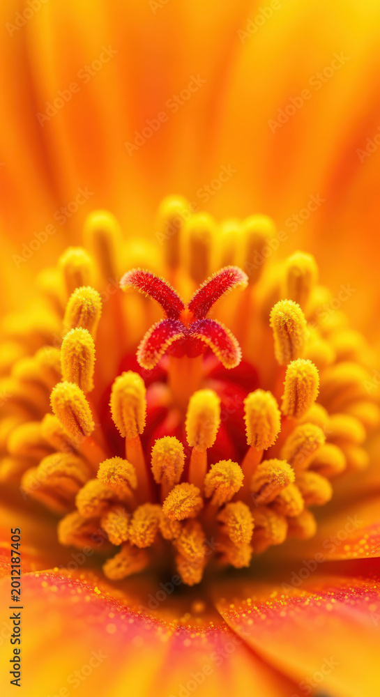 Fototapeta premium Extreme Close Up Orange Flower Center Floral Detail Stamens Pistil Pollen Bright Light Detailed Plant Anatomy Nature's Design Inner Workings