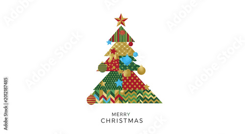 Abstract Geometric Christmas Tree with Festive Ornaments and Star - Merry Christmas Text